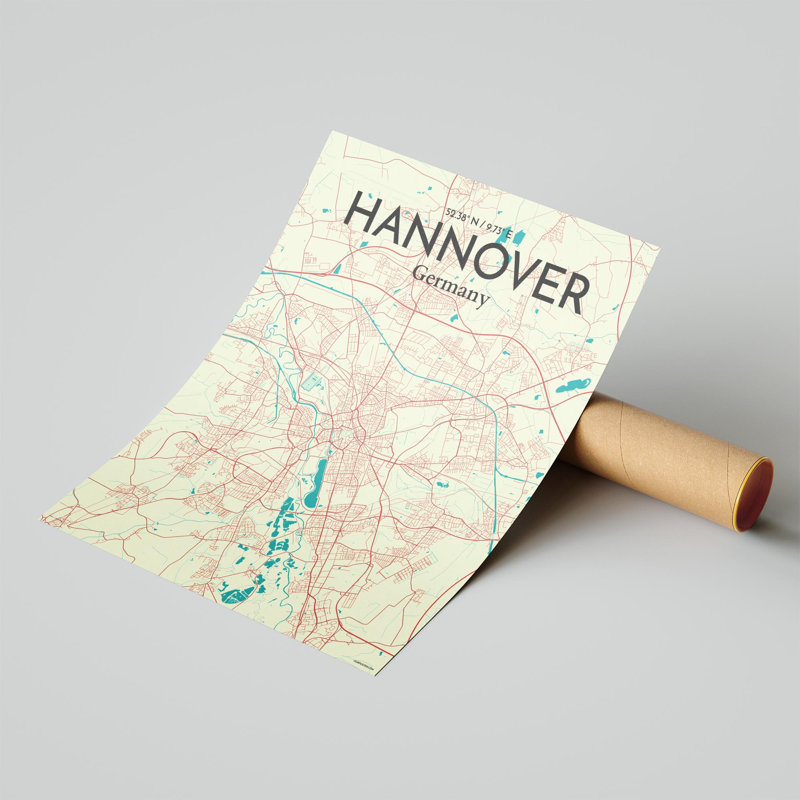 «Hannover City Map», impression, Vert / beige, H 20 po x l 16 po