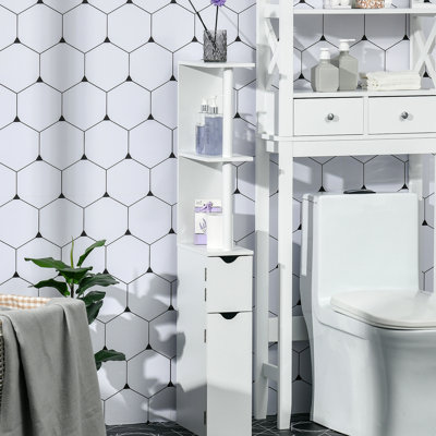 Grande armoire de rangement pour salle de bain, tour à linge autoportante avec 2 tablettes ouvertes et 2 armoires à portes