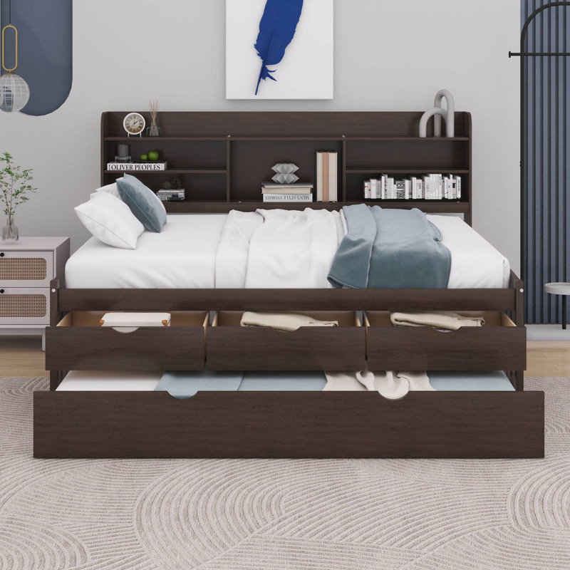Brona Full Size Wooden Captain Bed with Built-in Bookshelves, Three Storage Drawers and Trundle, Antique Brown