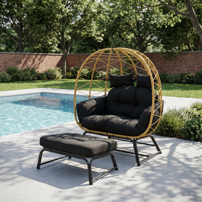 2-Person Patio Wicker Rattan Egg Chair & Ottoman Set With Cushions & Washable Covers