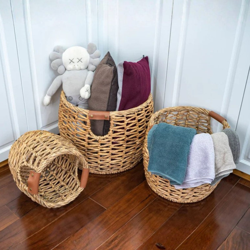 Handwoven Round Water Hyacinth Baskets With Pu Leather Handles Set Of 3