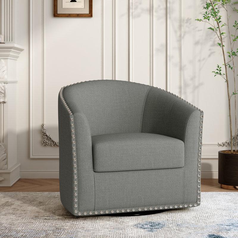 Aunna Nailhead Swivel Barrel Chair, Light Gray Polyester Blend