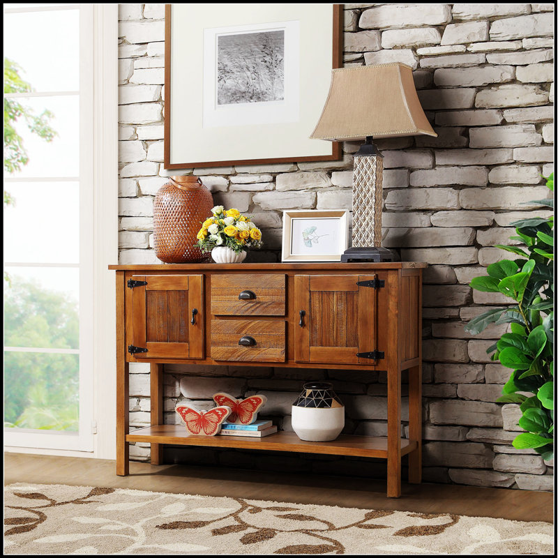 Buffet de rangement vintage en bois massif avec 2 tiroirs, armoires et tablette inférieure pour une organisation polyvalente
