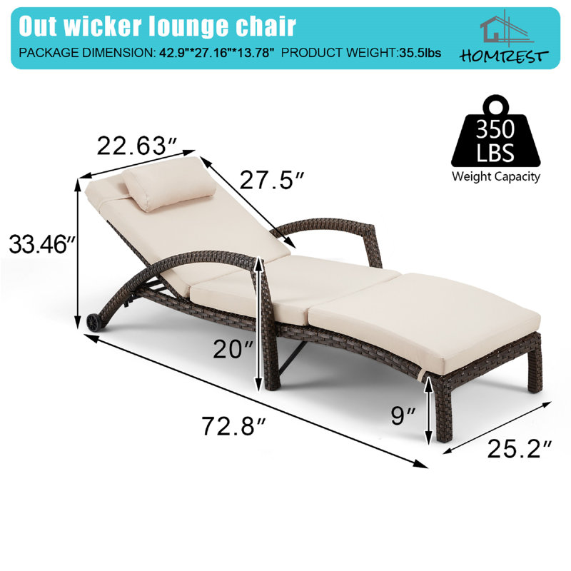 Double chaise longue inclinable avec coussins 72,8 po Miluse, Kaki / Brun