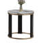 Table de bout ronde en marbre de style contemporain avec anneaux dorés et pieds en bois