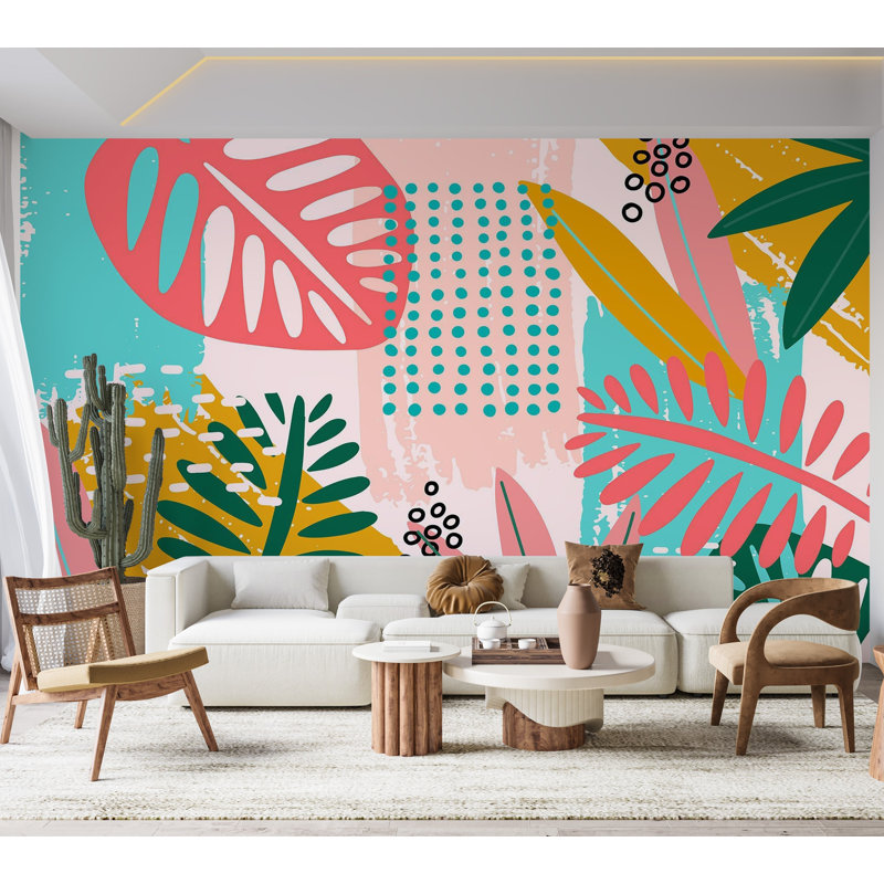 Murale pelez et collez de qualité supérieure - Abstrait feuillage tropical, L 60 po x L 40 po