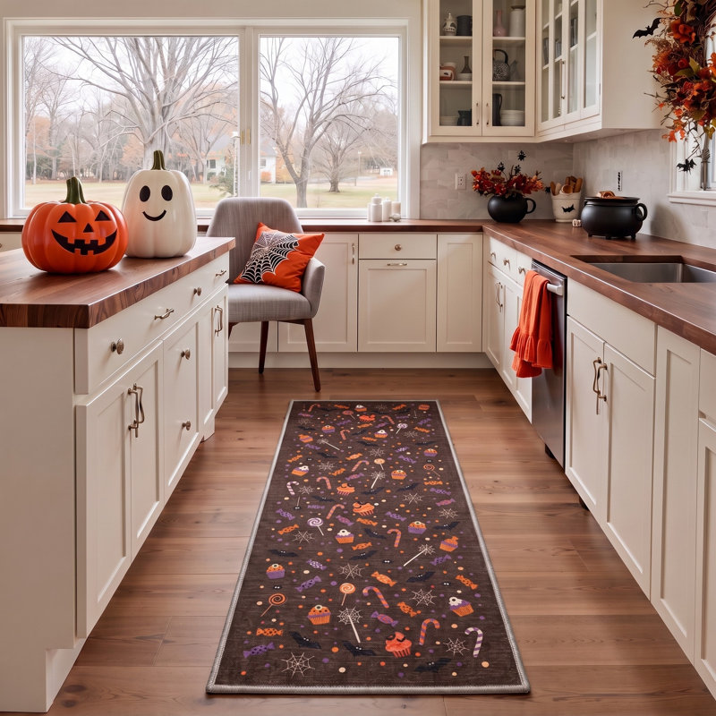 Tapis d'Halloween à motifs de bonbons et de chauves-souris, brun/orange, lavable à la machine, à poils courts, antidérapant