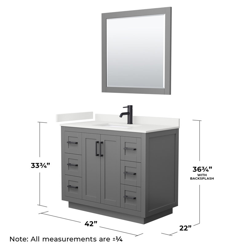 Miranda 42" Freestanding Single Bathroom Vanity with Quartz Top with 34" Mirror, White Quartz, Dark Gray, Matte Black