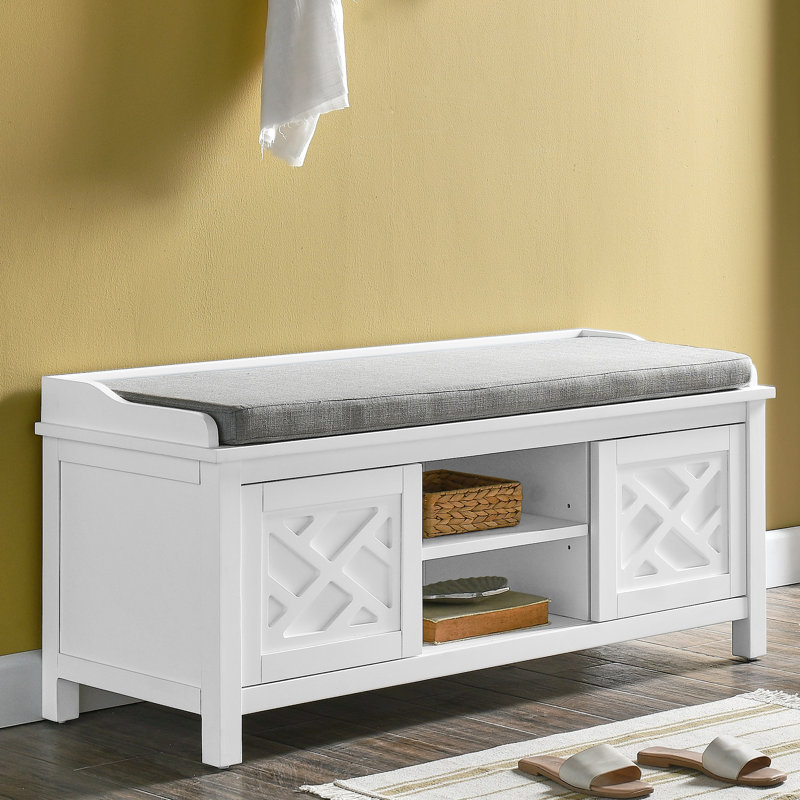 Polyester Upholstered Storage Bench, White
