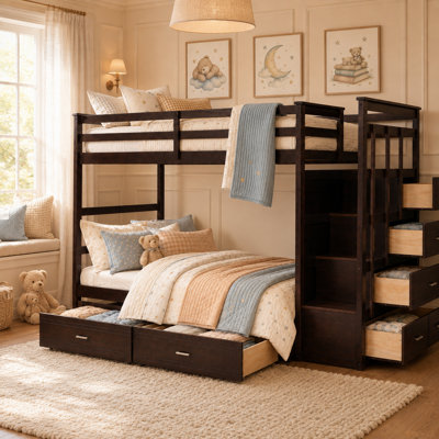 Twin Over Twin Solid Wood Bunk Bed with Storage Staircase and 2 Under-Bed Drawers, Space-Saving Loft Frame for Kids & Teens