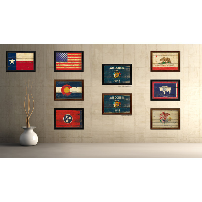 «Wisconsin State», impression de drapeau rétro avec cadre brun doré, 23 x 33