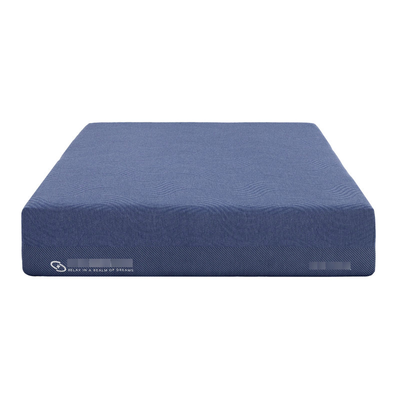 Matelas en mousse pleine densité 12 po avec mousse à mémoire de forme D2,5 et matelas enroulé en tissu bleu-gris, housse en forme de casque