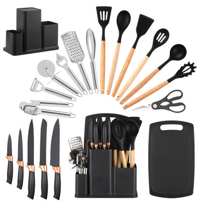 Ensemble de 20 couteaux de cuisine et ustensiles avec accents or rose - disponible en 5 couleurs élégantes - comprend un bloc de rangement, une planche à découper et des gadgets de cuisine professionnels