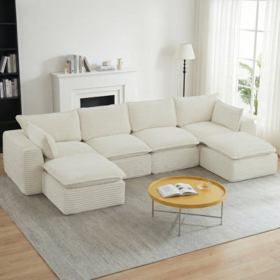 140.5" Corduroy Sectional Compression Sofa 6 Seat Boneless Modular Deep Seat Cloud Couch With Movable Ottomans & Pillows, No Assembly Required