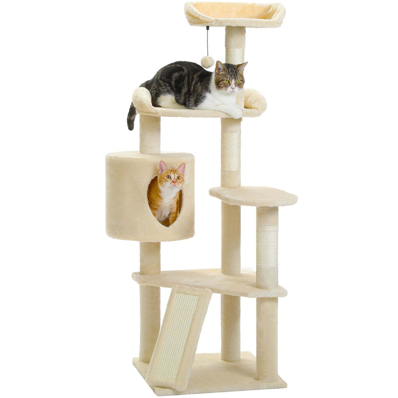 Multi-Level Cat Climbing Tower With Cat Condo, Cat Tree With Scratching Board, Beige