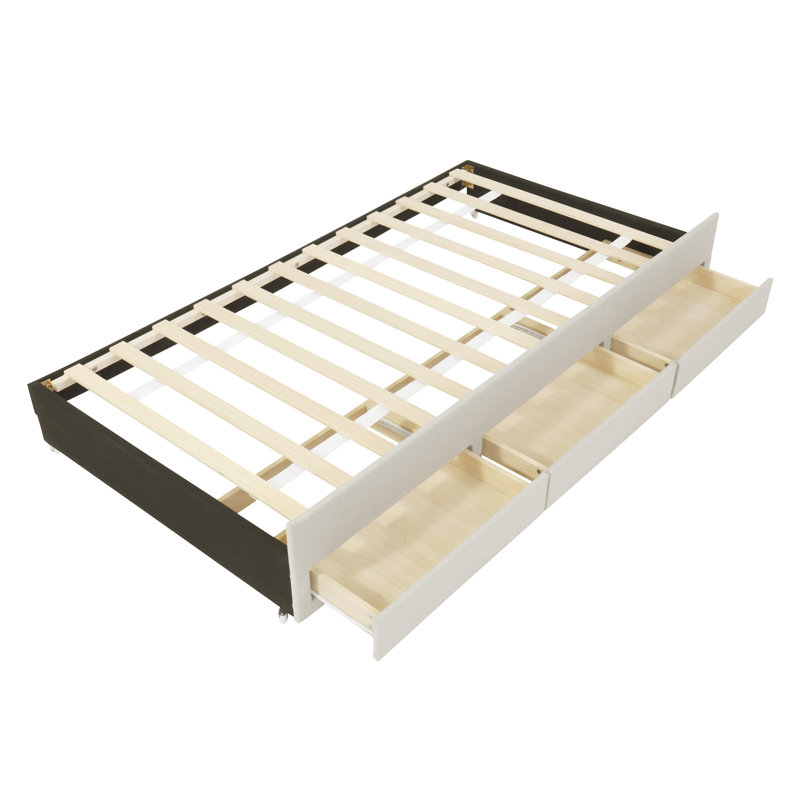 Lit plateforme simple tapissier en lin - Comprend un lit gigogne et 3 tiroirs de rangement