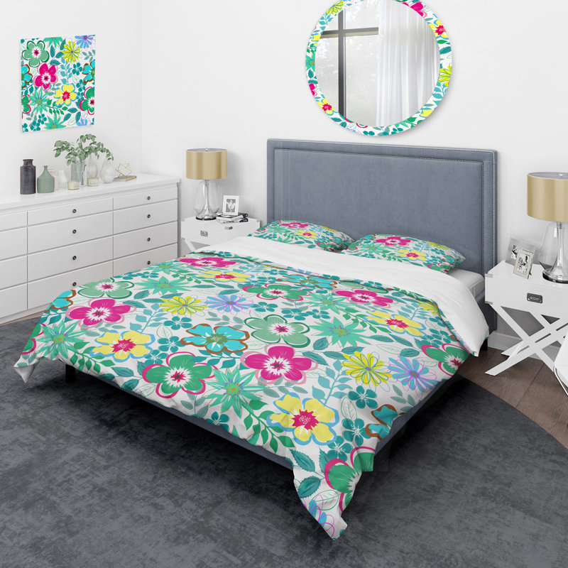 Green Leaf and Flower - Ensemble de housse de couette floral - Polyester en microfibre