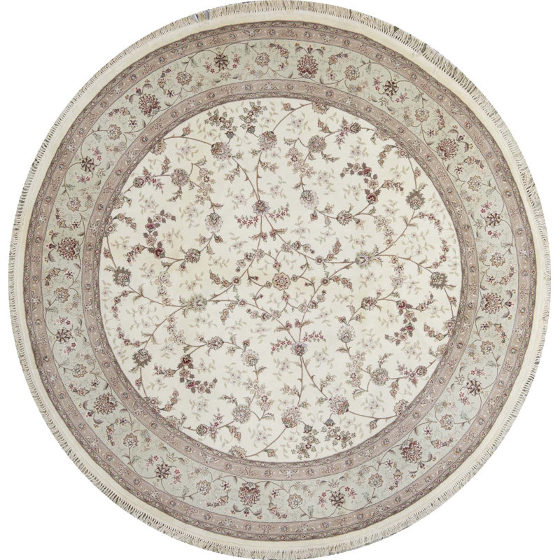 Hand-Knotted High-Quality Ivory and Ivory Round Area Rug