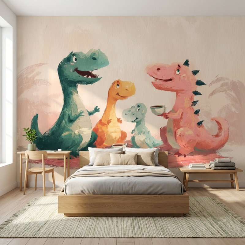 Papier peint dinosaures pique-nique, L: 210 po x H: 120 po, Non-collé