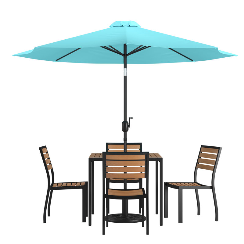 Table de patio en faux teck Abdinasir, 4 chaises et parasol 9 pi avec base, Parasol bleu sarcelle