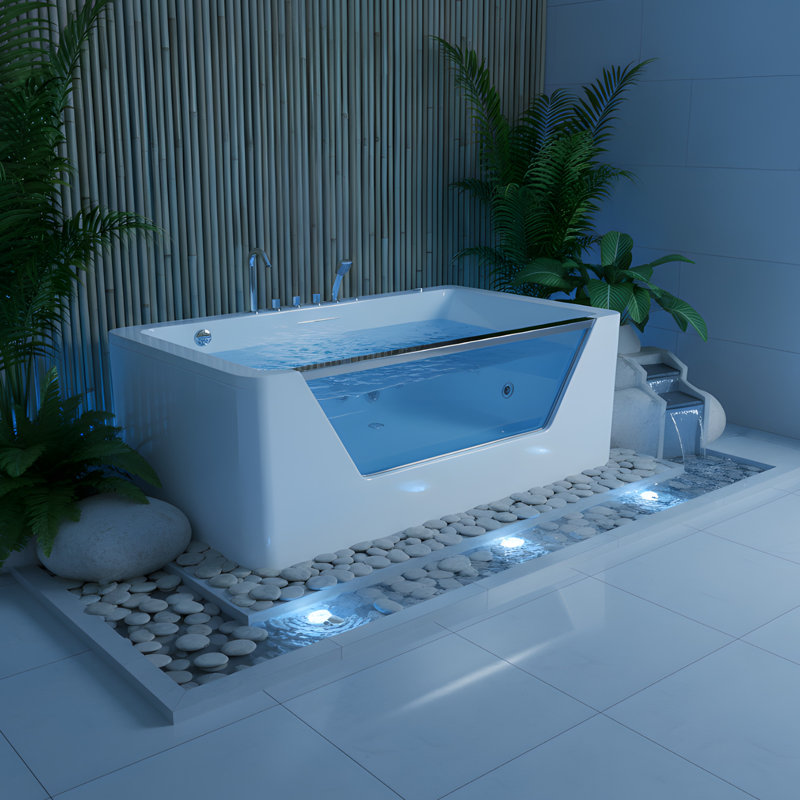 67" Jetted Bathtub, 7 Jets, 89 Gallons, White - , , Comfortable Recline Angle 750W Size, Hydro Massage, Seating, Tempered Glass Front