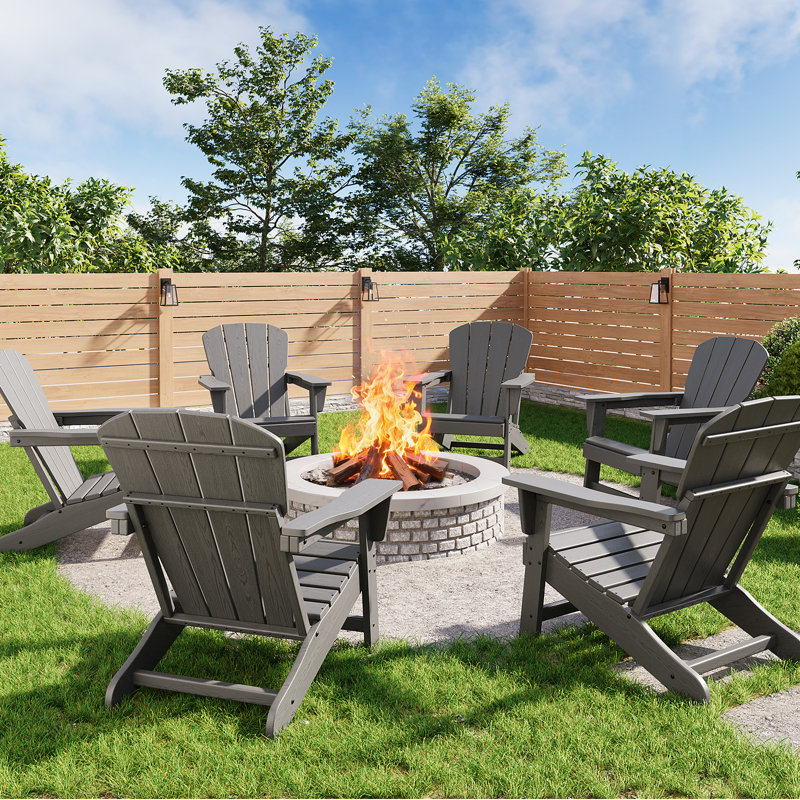 6-Pack Modern Adirondack Chairs – HDPE Poly Lumber, 380LB Capacity, Wooden Texture | Weatherproof for Outdoor Firepit, Patio & Deck, Grey
