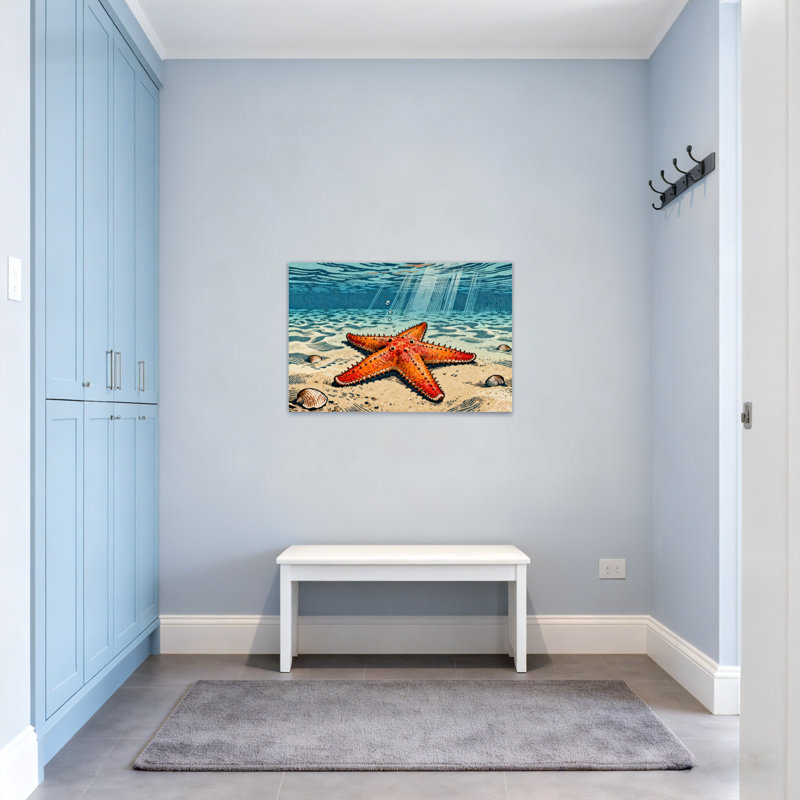 Animaux, scène sous-marine avec étoile de mer et coquillages, H 12 po x l 18 po