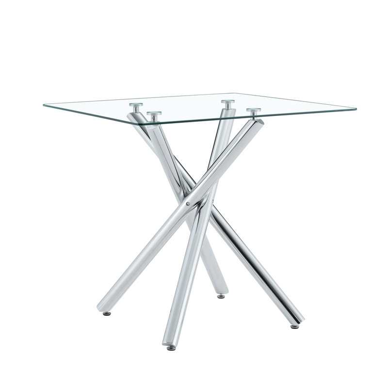 Table de bar moderne en métal galvanisé avec plateau en verre trempé, table de pub robuste à pieds croisés pour bar à la maison, îlot de cuisine, salon