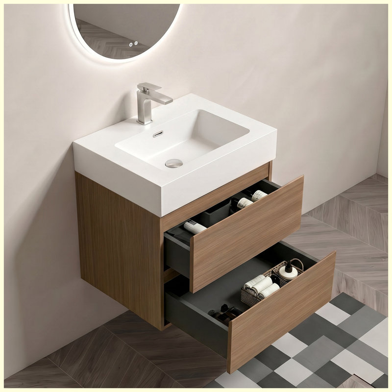 Meuble-lavabo mural 24 po en noyer brun flottant avec lavabo, meuble-lavabo mural moderne avec lavabo une pièce blanc pré-assemblé