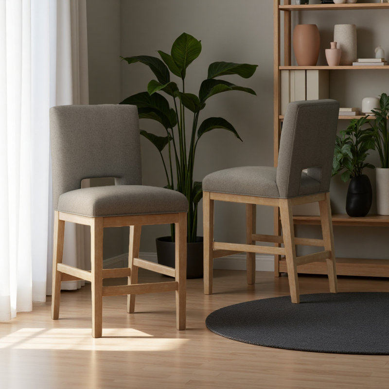 Tabourets de comptoir, ensemble de 2, Siège gris / cadre naturel