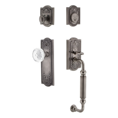 Nostalgic Warehouse Meadows Plate F Grip Handleset with Single Cylinder Deadbolt and Crystal Meadows Knob