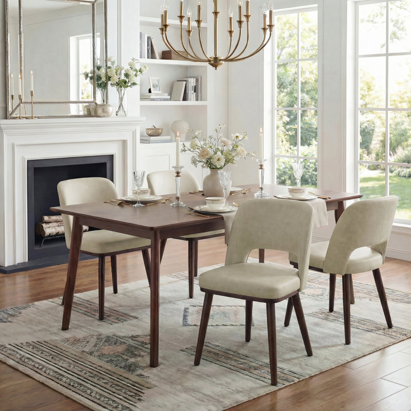 Mason Upholstered Faux Leather Side Dining Chair With Solid Wood Legs , 4, Beige