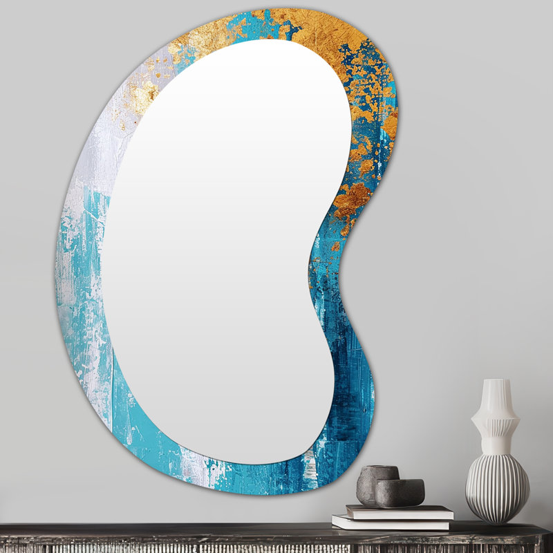 Bouleau doré sur fond bleu sarcelle rétro - Art abstrait en métal - Miroir mural moderne et irrégulier, 31 po x 22 po