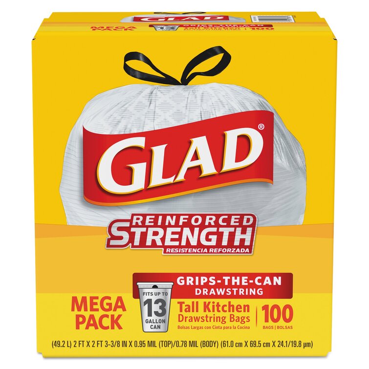 Glad Tall Kitchen Drawstring Bags, 13 Gallon, White - 100 count