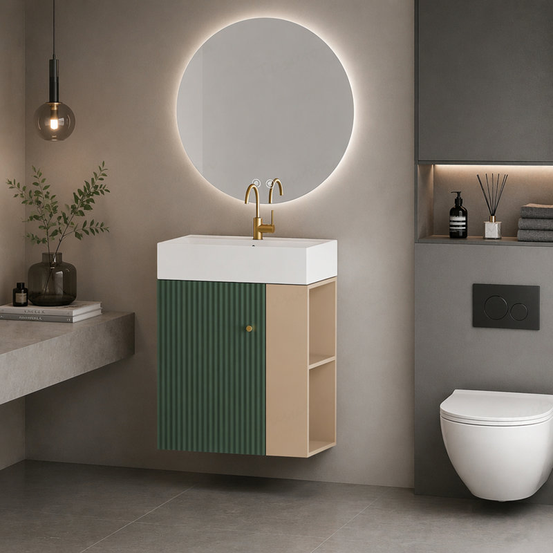 Meuble-lavabo mural 21,6 po avec lavabo en céramique, porte à fermeture douce, tablette de rangement flottante droite, assemblage requis,