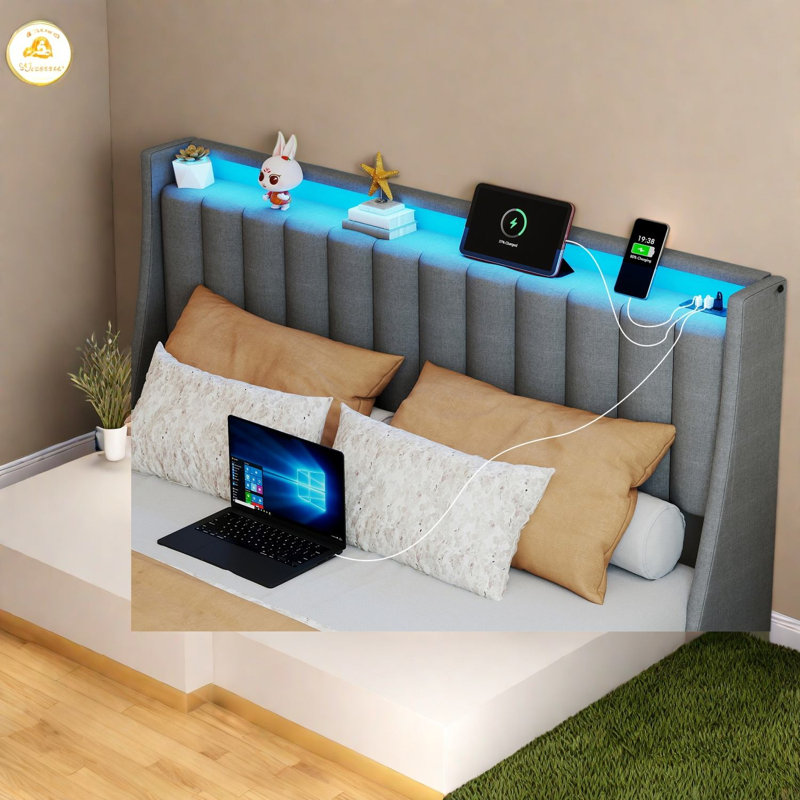 Lit Queen Size avec rangement, lit en métal gris, station de recharge moderne à DEL RVB pour la maison