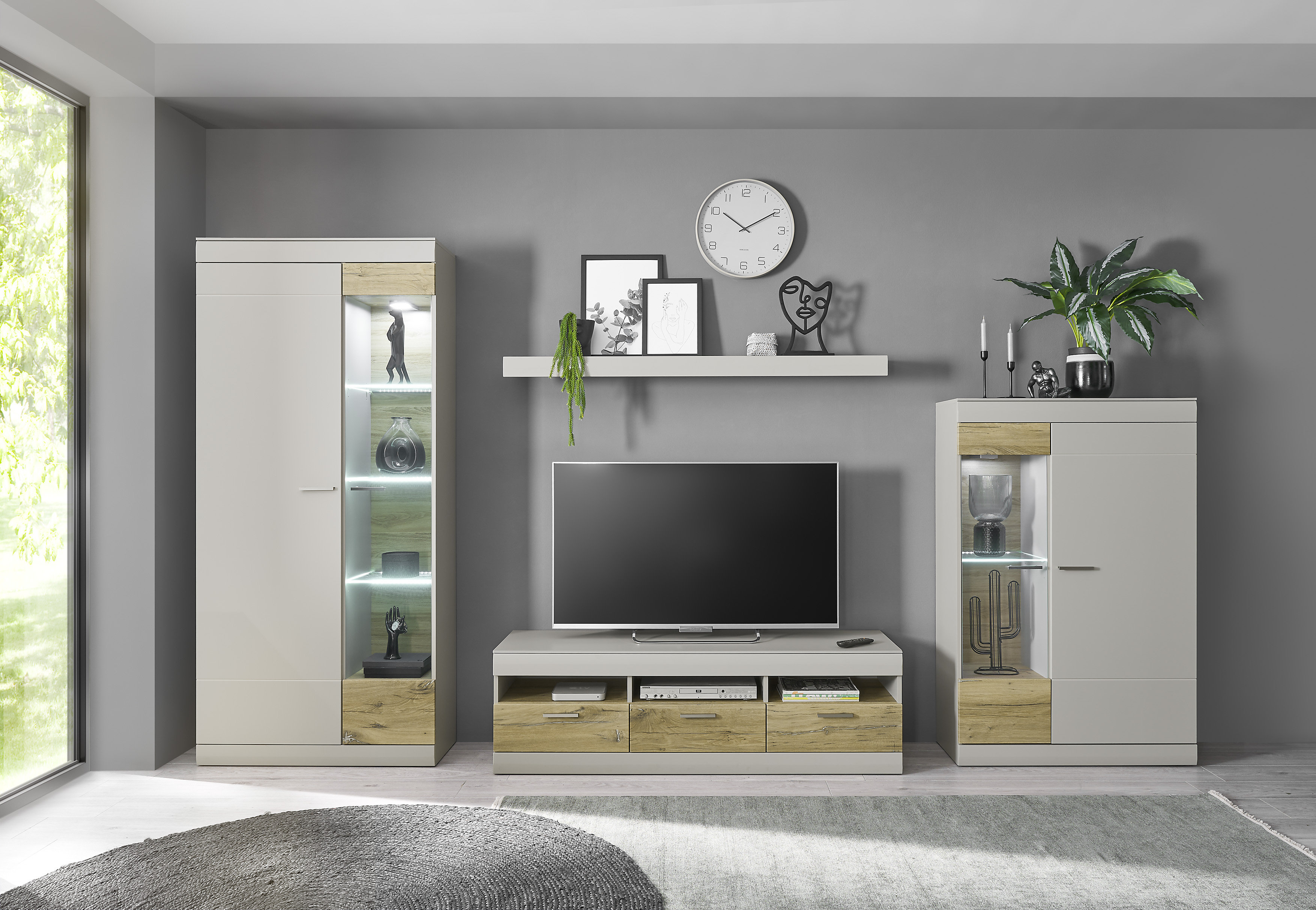 Modern White Gloss And Oak Wall Entertainment Unit With Storage And Led Lights