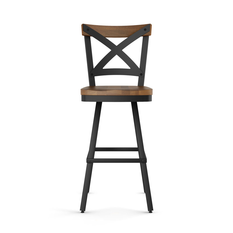 Tabouret de bar et de comptoir pivotant en bois massif Kirsten, Bois brun / cadre noir