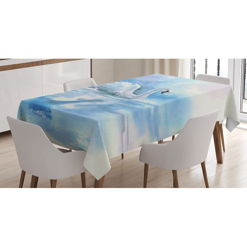 Ambesonne Swan Tablecloth, Watercolor Drawing Picture Of Swan In The River Hazy Color Aqua Concept Picture Print, Rectangular Table Cover For Dining Room Kitchen Decor, 52" X 70", Blue White