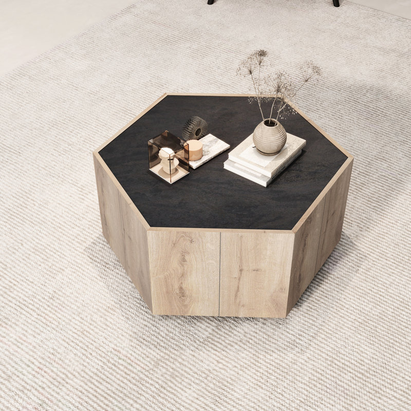 Table hexagonale texturée et chaleureuse en chêne avec rangement à 2 tiroirs et rangement
