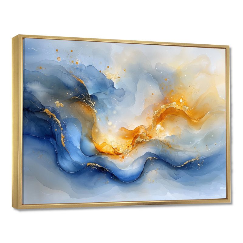 «Blue Yellow Dream Lines V - Abstract collages», art mural, H 24 po x l 32 po, Avec cadre, Doré