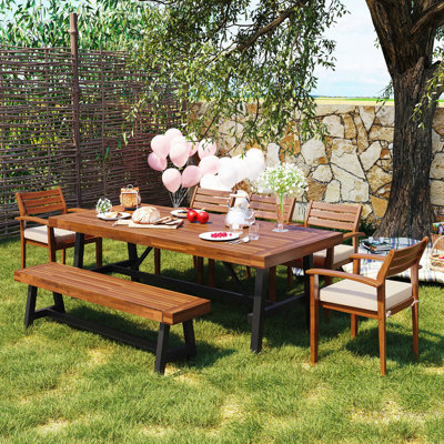 Outdoor Wood Dining Set For 7-8 Person, Outdoor Dining Furniture With Removable Cushions, Ergonomic Chairs And Bench, Thicker Table
