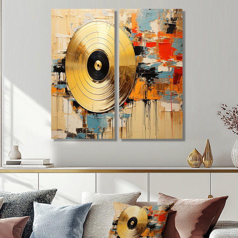 Minimalisme, disques vinyle - art mural toile dorée, H 32 po x l 32 po, Ne s’applique pas, Toile tendue sur cadre