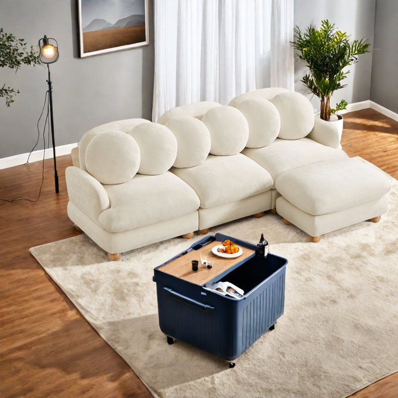 Canapé d'angle à compression, canapé moderne 4 places en chenille avec structure en bois pour la maison, Beige