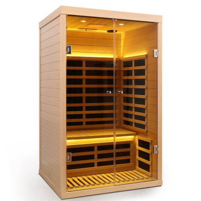 Chauffage infrarouge lointain pour deux personnes en bois de pruche, à faible émission de carbone, par cristaux, avec technologie de tube céramique, 760 W, chauffe rapide en 8 à 15 minutes, température de 77 à 149 °F (25 à 65 °C), éclairage coloré et ambiance chaleureuse, sans rayonnement.