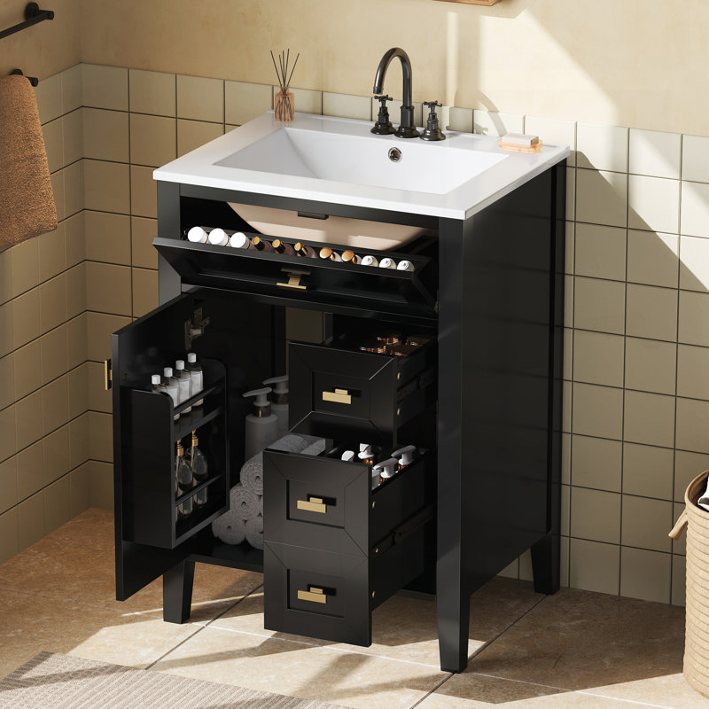 Meuble-lavabo de 24 po avec lavabo, panneau de fibres à densité moyenne et bois d'hévéa, 3 tiroirs et armoire, fermeture en douceur, conception moderne pour les petites et moyennes salles de bain