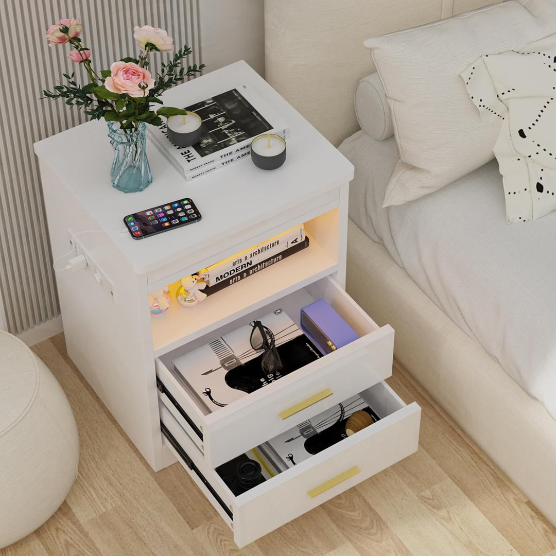 Bedside Table with 2 Drawers, Pushable Desktop Bedside Cabinet with LED Lights & UK Charging Station 2AC/2USB, Wooden Side Table for Bedroom Living Ro