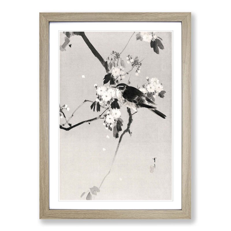 Bird on a Flowering Branch by Watanabe Seitei - Picture Frame Painting Print, 48cm H x 36cm W x 2cm D, Oak Framed