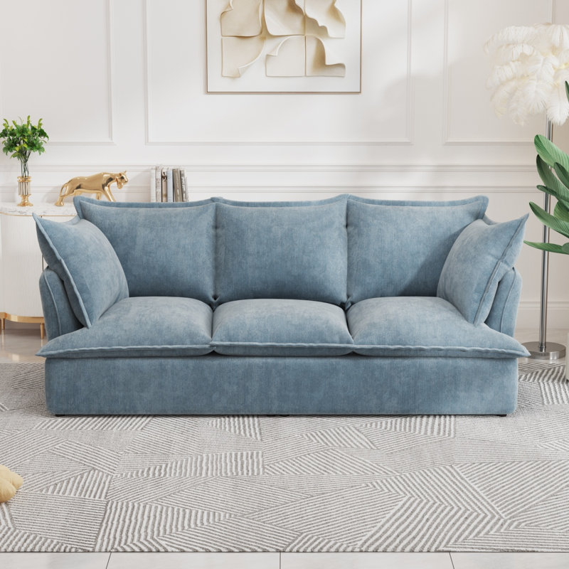 " modern deep seat 3-seater cloud sofa with 2 armrest pillows, chenille fabric, comfortable for living room, Blue Chenille