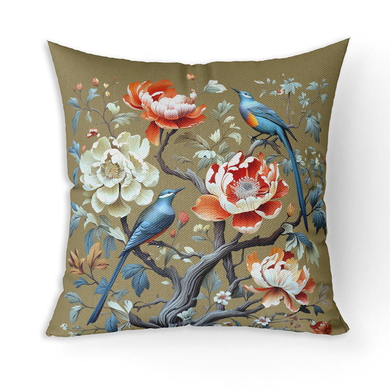 Botanical Bird Reversible Square Throw Pillow in Blue and Orange